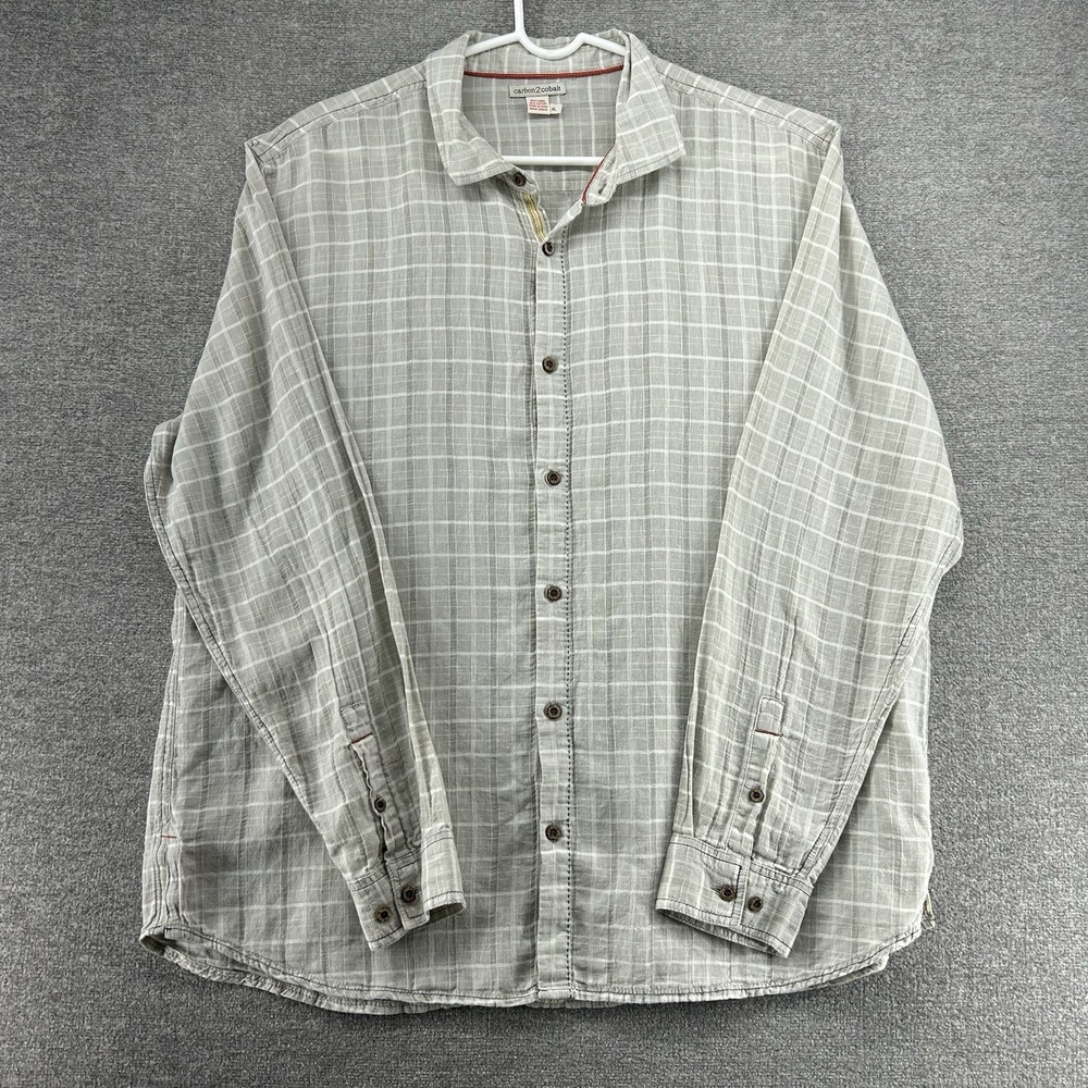 Carbon 2 Cobalt Shirt Men Size XL Linen Cotton Blend Long Sleeve Beige Plaid